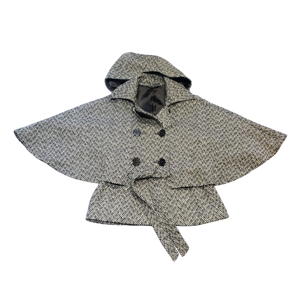 Saks Fifth Avenue Herringbone Wool Blend‎ Cape Coat Poncho Black White O/S Luxe